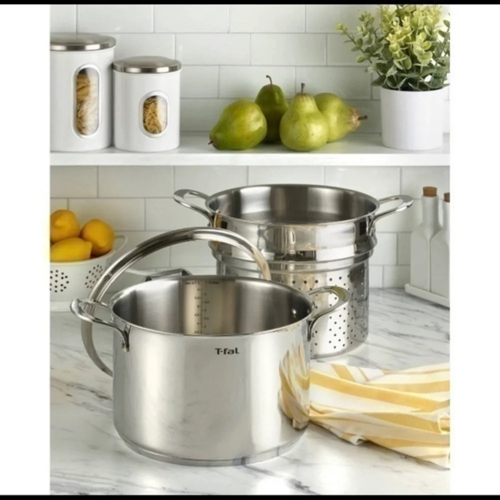 - T-FAL SIMPLY COOK STAINLESS STEEL 7 QT COVERED STOCK POT WITH PASTA INSERT